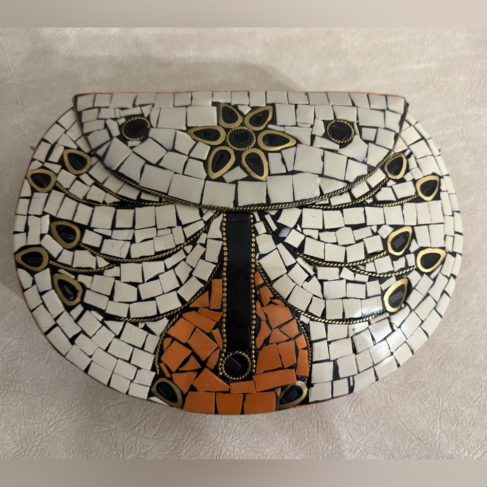 RAMLA Handmade Mosaic Clutch Bag White/Orange w/ Black Stone & Gold Chain New
